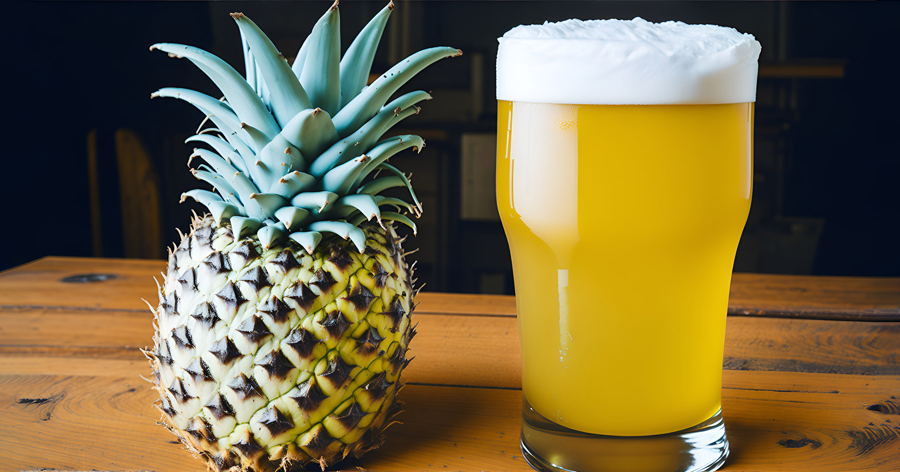 Frothy beer with a pineapple next to it