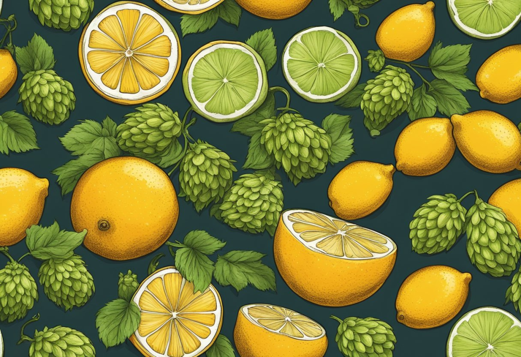 an illustration of citrus fruit surrounded by hops