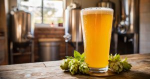 hazy ipa on a bench in a home brewery surrounded by hops flowers